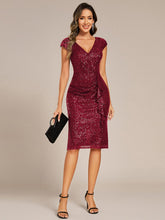 V-Neck Sequin Ruched Bodycon Midi Wedding Guest Dress